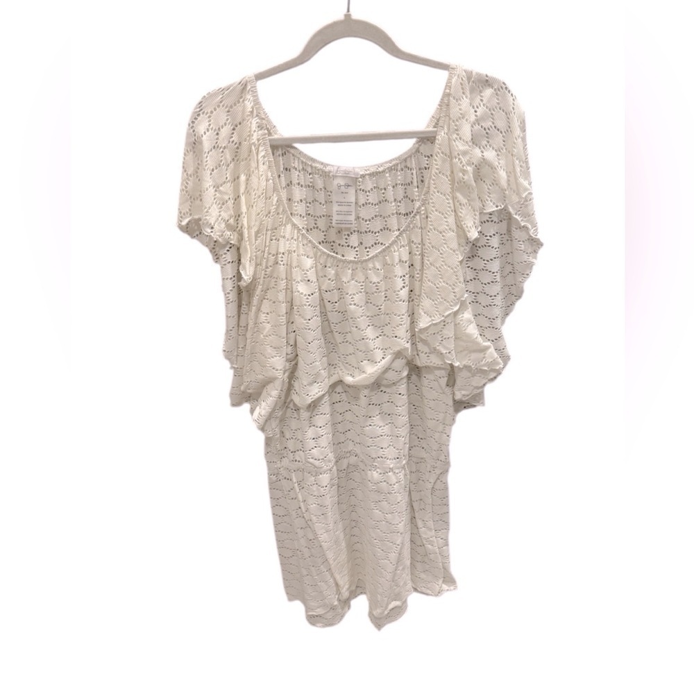 JESSICA SIMPSON White SEE-THROUGH LACE Ruffled Dress SWIMCOVER Large